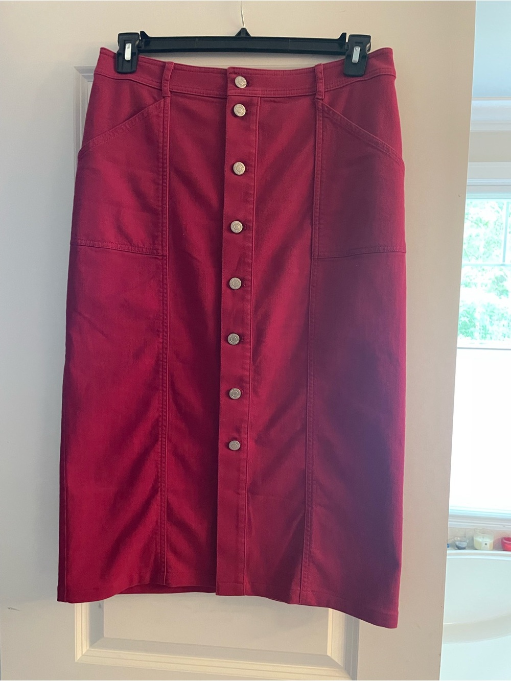 LOFT Red Button-Front Midi Skirt